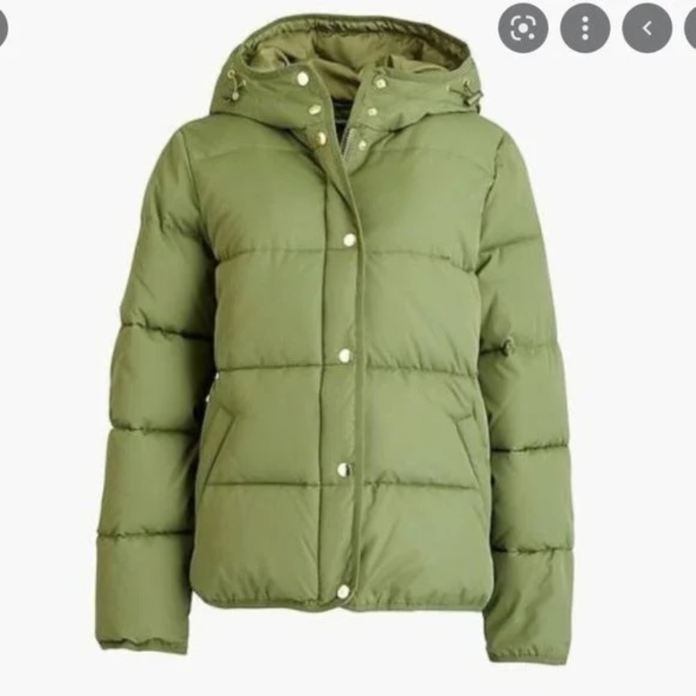 J. Crew Mercantile Olive Green Short Hooded Full Zip Up Puffer Coat size Medium